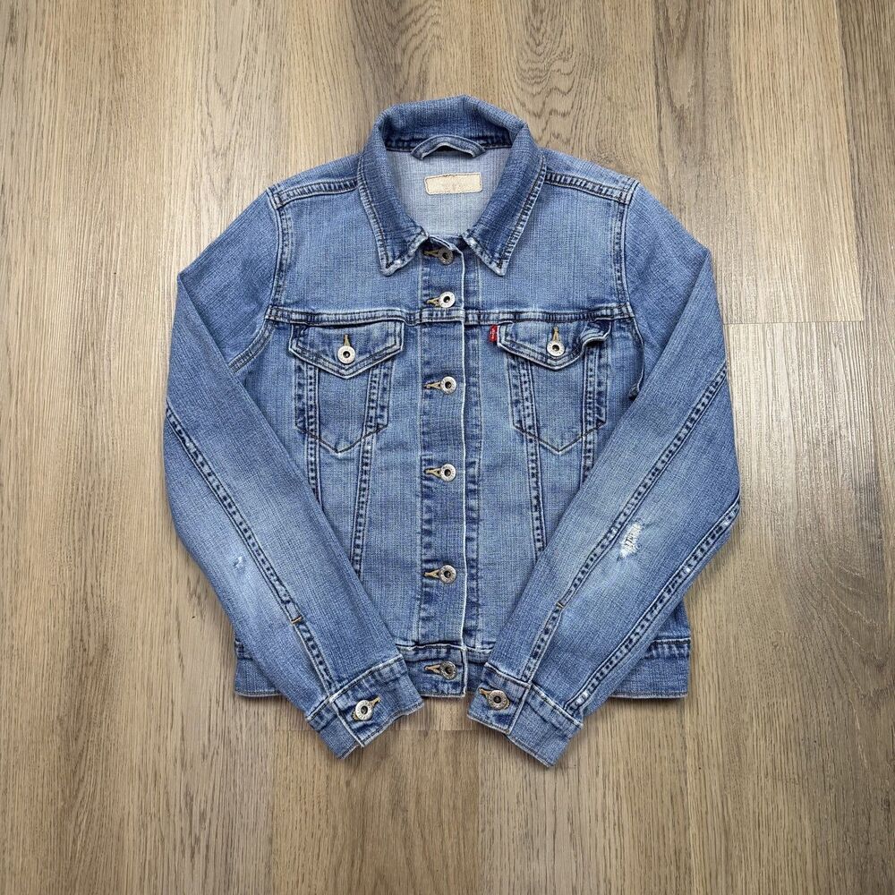 Levi's Jacket Womens Medium Blue Stretch Denim Trucker Button Front Pockets